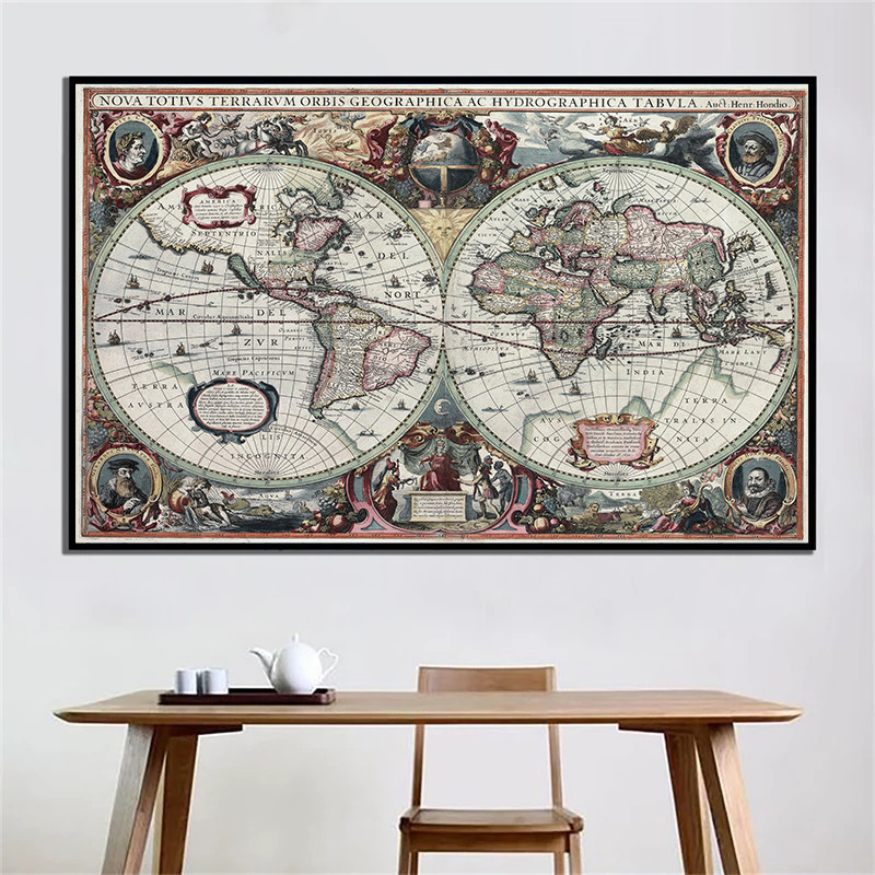 Resin Art On Canvas - Mapa Mundial Retrô Náutico, Mapa Oceânico